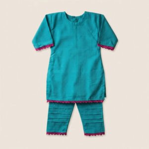 Turquoise-lawn-kurta-and-trouser-set-with-berry-pink-lace-—-Gul-Bibi-Neel-Pari Turquoise-lawn-kurta-and-trouser-set-with-berry-pink-lace-—-Gul-Bibi-Neel-Pari